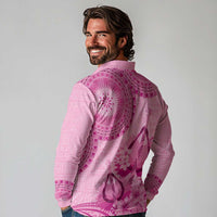 Pink Bula Fiji Long Sleeve Polo Shirt Fijian Dance Fan Tapa Cloth Pattern