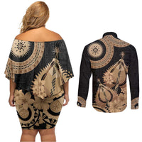 Black Bula Fiji Couples Matching Off Shoulder Short Dress and Long Sleeve Button Shirt Fijian Dance Fan Tapa Cloth Pattern