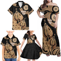 Black Bula Fiji Family Matching Off Shoulder Maxi Dress and Hawaiian Shirt Fijian Dance Fan Tapa Cloth Pattern