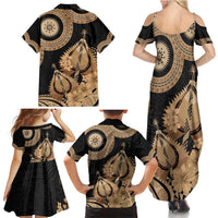Black Bula Fiji Family Matching Summer Maxi Dress and Hawaiian Shirt Fijian Dance Fan Tapa Cloth Pattern