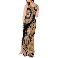 Black Bula Fiji Tank Maxi Dress Fijian Dance Fan Tapa Cloth Pattern