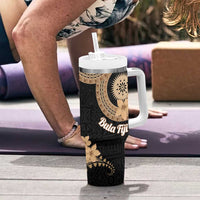 Black Bula Fiji Tumbler With Handle Fijian Dance Fan Tapa Cloth Pattern