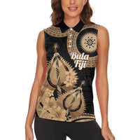 Black Bula Fiji Women Sleeveless Polo Shirt Fijian Dance Fan Tapa Cloth Pattern