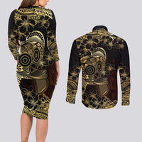Frangipani Festival Rabaul Couples Matching Long Sleeve Bodycon Dress and Long Sleeve Button Shirt PNG Tribal Baining Mask Tattoo - Polynesian Pride