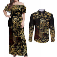 Frangipani Festival Rabaul Couples Matching Off Shoulder Maxi Dress and Long Sleeve Button Shirt PNG Tribal Baining Mask Tattoo - Polynesian Pride