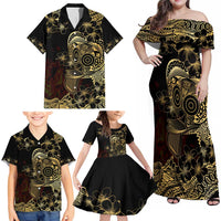 Frangipani Festival Rabaul Family Matching Off Shoulder Maxi Dress and Hawaiian Shirt PNG Tribal Baining Mask Tattoo - Polynesian Pride