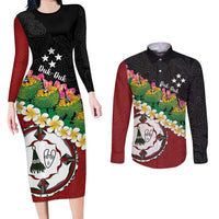 Frangipani Festival Rabaul East New Britain Couples Matching Long Sleeve Bodycon Dress and Long Sleeve Button Shirt Dukduk Dance With Plumeria LT14 Red - Polynesian Pride