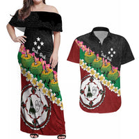 Frangipani Festival Rabaul East New Britain Couples Matching Off Shoulder Maxi Dress and Hawaiian Shirt Dukduk Dance With Plumeria LT14 Red - Polynesian Pride