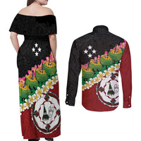Frangipani Festival Rabaul East New Britain Couples Matching Off Shoulder Maxi Dress and Long Sleeve Button Shirt Dukduk Dance With Plumeria LT14 - Polynesian Pride