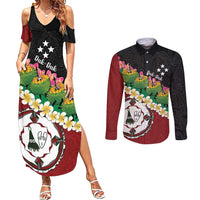 Frangipani Festival Rabaul East New Britain Couples Matching Summer Maxi Dress and Long Sleeve Button Shirt Dukduk Dance With Plumeria LT14 Red - Polynesian Pride