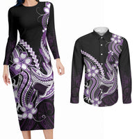 Purple Black Aloha Hawaii Couples Matching Long Sleeve Bodycon Dress and Long Sleeve Button Shirt Polynesian Shark Tattoo Plumeria LT14 Purple - Polynesian Pride