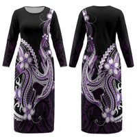 Purple Black Aloha Hawaii Couples Matching Long Sleeve Bodycon Dress and Long Sleeve Button Shirt Polynesian Shark Tattoo Plumeria LT14 - Polynesian Pride