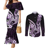 Purple Black Aloha Hawaii Couples Matching Mermaid Dress and Long Sleeve Button Shirt Polynesian Shark Tattoo Plumeria LT14 Purple - Polynesian Pride