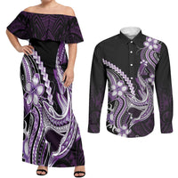 Purple Black Aloha Hawaii Couples Matching Off Shoulder Maxi Dress and Long Sleeve Button Shirt Polynesian Shark Tattoo Plumeria LT14 Purple - Polynesian Pride
