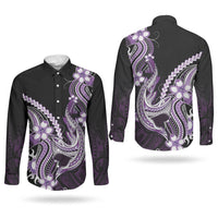Purple Black Aloha Hawaii Couples Matching Off Shoulder Maxi Dress and Long Sleeve Button Shirt Polynesian Shark Tattoo Plumeria LT14 - Polynesian Pride
