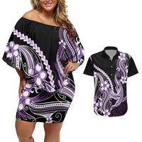Purple Black Aloha Hawaii Couples Matching Off Shoulder Short Dress and Hawaiian Shirt Polynesian Shark Tattoo Plumeria LT14 Purple - Polynesian Pride