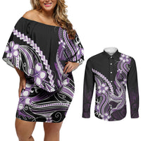 Purple Black Aloha Hawaii Couples Matching Off Shoulder Short Dress and Long Sleeve Button Shirt Polynesian Shark Tattoo Plumeria LT14 Purple - Polynesian Pride