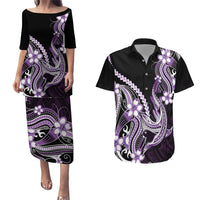 Purple Black Aloha Hawaii Couples Matching Puletasi and Hawaiian Shirt Polynesian Shark Tattoo Plumeria LT14 Purple - Polynesian Pride