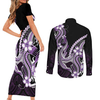 Purple Black Aloha Hawaii Couples Matching Short Sleeve Bodycon Dress and Long Sleeve Button Shirt Polynesian Shark Tattoo Plumeria LT14 - Polynesian Pride