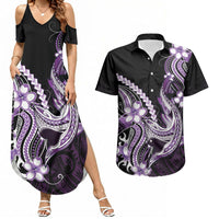 Purple Black Aloha Hawaii Couples Matching Summer Maxi Dress and Hawaiian Shirt Polynesian Shark Tattoo Plumeria LT14 Purple - Polynesian Pride