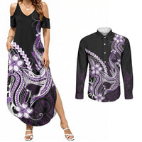 Purple Black Aloha Hawaii Couples Matching Summer Maxi Dress and Long Sleeve Button Shirt Polynesian Shark Tattoo Plumeria LT14 Purple - Polynesian Pride