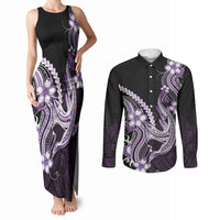 Purple Black Aloha Hawaii Couples Matching Tank Maxi Dress and Long Sleeve Button Shirt Polynesian Shark Tattoo Plumeria LT14 Purple - Polynesian Pride