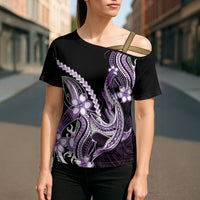 Purple Black Aloha Hawaii Cross Shoulder Shirt Polynesian Shark Tattoo Plumeria