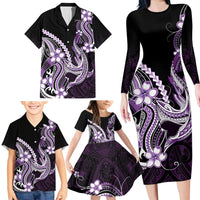 Purple Black Aloha Hawaii Family Matching Long Sleeve Bodycon Dress and Hawaiian Shirt Polynesian Shark Tattoo Plumeria LT14 - Polynesian Pride