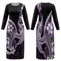 Purple Black Aloha Hawaii Family Matching Long Sleeve Bodycon Dress and Hawaiian Shirt Polynesian Shark Tattoo Plumeria LT14 Mom's Dress Purple - Polynesian Pride