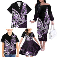 Purple Black Aloha Hawaii Family Matching Off The Shoulder Long Sleeve Dress and Hawaiian Shirt Polynesian Shark Tattoo Plumeria LT14 - Polynesian Pride
