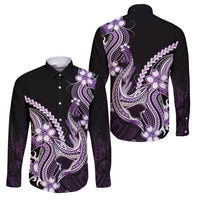 Purple Black Aloha Hawaii Family Matching Off Shoulder Maxi Dress and Hawaiian Shirt Polynesian Shark Tattoo Plumeria LT14 Dad's Shirt - Long Sleeve Purple - Polynesian Pride
