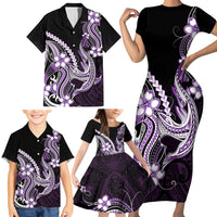 Purple Black Aloha Hawaii Family Matching Short Sleeve Bodycon Dress and Hawaiian Shirt Polynesian Shark Tattoo Plumeria LT14 - Polynesian Pride