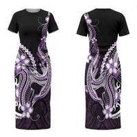 Purple Black Aloha Hawaii Family Matching Short Sleeve Bodycon Dress and Hawaiian Shirt Polynesian Shark Tattoo Plumeria LT14 Mom's Dress Purple - Polynesian Pride