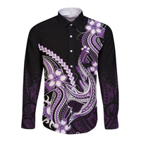 Purple Black Aloha Hawaii Long Sleeve Button Shirt Polynesian Shark Tattoo Plumeria