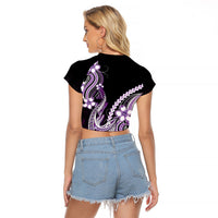 Purple Black Aloha Hawaii Raglan Cropped T Shirt Polynesian Shark Tattoo Plumeria
