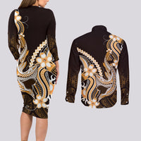Orange Black Aloha Hawaii Couples Matching Long Sleeve Bodycon Dress and Long Sleeve Button Shirt Polynesian Shark Tattoo Plumeria LT14 - Polynesian Pride