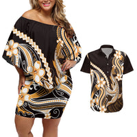Orange Black Aloha Hawaii Couples Matching Off Shoulder Short Dress and Hawaiian Shirt Polynesian Shark Tattoo Plumeria LT14 Orange - Polynesian Pride
