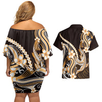 Orange Black Aloha Hawaii Couples Matching Off Shoulder Short Dress and Hawaiian Shirt Polynesian Shark Tattoo Plumeria LT14 - Polynesian Pride