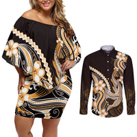 Orange Black Aloha Hawaii Couples Matching Off Shoulder Short Dress and Long Sleeve Button Shirt Polynesian Shark Tattoo Plumeria LT14 Orange - Polynesian Pride