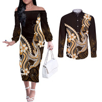 Orange Black Aloha Hawaii Couples Matching Off The Shoulder Long Sleeve Dress and Long Sleeve Button Shirt Polynesian Shark Tattoo Plumeria LT14 Orange - Polynesian Pride