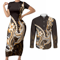 Orange Black Aloha Hawaii Couples Matching Short Sleeve Bodycon Dress and Long Sleeve Button Shirt Polynesian Shark Tattoo Plumeria LT14 Orange - Polynesian Pride