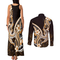 Orange Black Aloha Hawaii Couples Matching Tank Maxi Dress and Long Sleeve Button Shirt Polynesian Shark Tattoo Plumeria