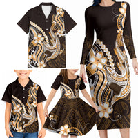 Orange Black Aloha Hawaii Family Matching Long Sleeve Bodycon Dress and Hawaiian Shirt Polynesian Shark Tattoo Plumeria LT14 - Polynesian Pride