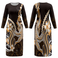 Orange Black Aloha Hawaii Family Matching Long Sleeve Bodycon Dress and Hawaiian Shirt Polynesian Shark Tattoo Plumeria LT14 Mom's Dress Orange - Polynesian Pride