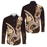 Orange Black Aloha Hawaii Family Matching Off The Shoulder Long Sleeve Dress and Hawaiian Shirt Polynesian Shark Tattoo Plumeria LT14 Dad's Shirt - Long Sleeve Orange - Polynesian Pride