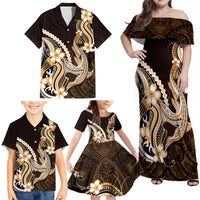 Orange Black Aloha Hawaii Family Matching Off Shoulder Maxi Dress and Hawaiian Shirt Polynesian Shark Tattoo Plumeria LT14 - Polynesian Pride