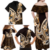 Orange Black Aloha Hawaii Family Matching Off Shoulder Maxi Dress and Hawaiian Shirt Polynesian Shark Tattoo Plumeria LT14 Mom's Dress Orange - Polynesian Pride