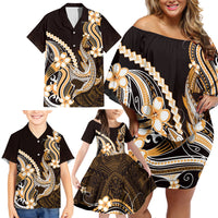 Orange Black Aloha Hawaii Family Matching Off Shoulder Short Dress and Hawaiian Shirt Polynesian Shark Tattoo Plumeria LT14 - Polynesian Pride