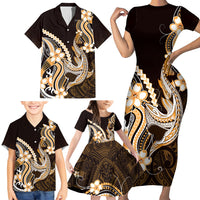 Orange Black Aloha Hawaii Family Matching Short Sleeve Bodycon Dress and Hawaiian Shirt Polynesian Shark Tattoo Plumeria LT14 - Polynesian Pride