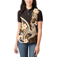 Orange Black Aloha Hawaii Women Polo Shirt Polynesian Shark Tattoo Plumeria